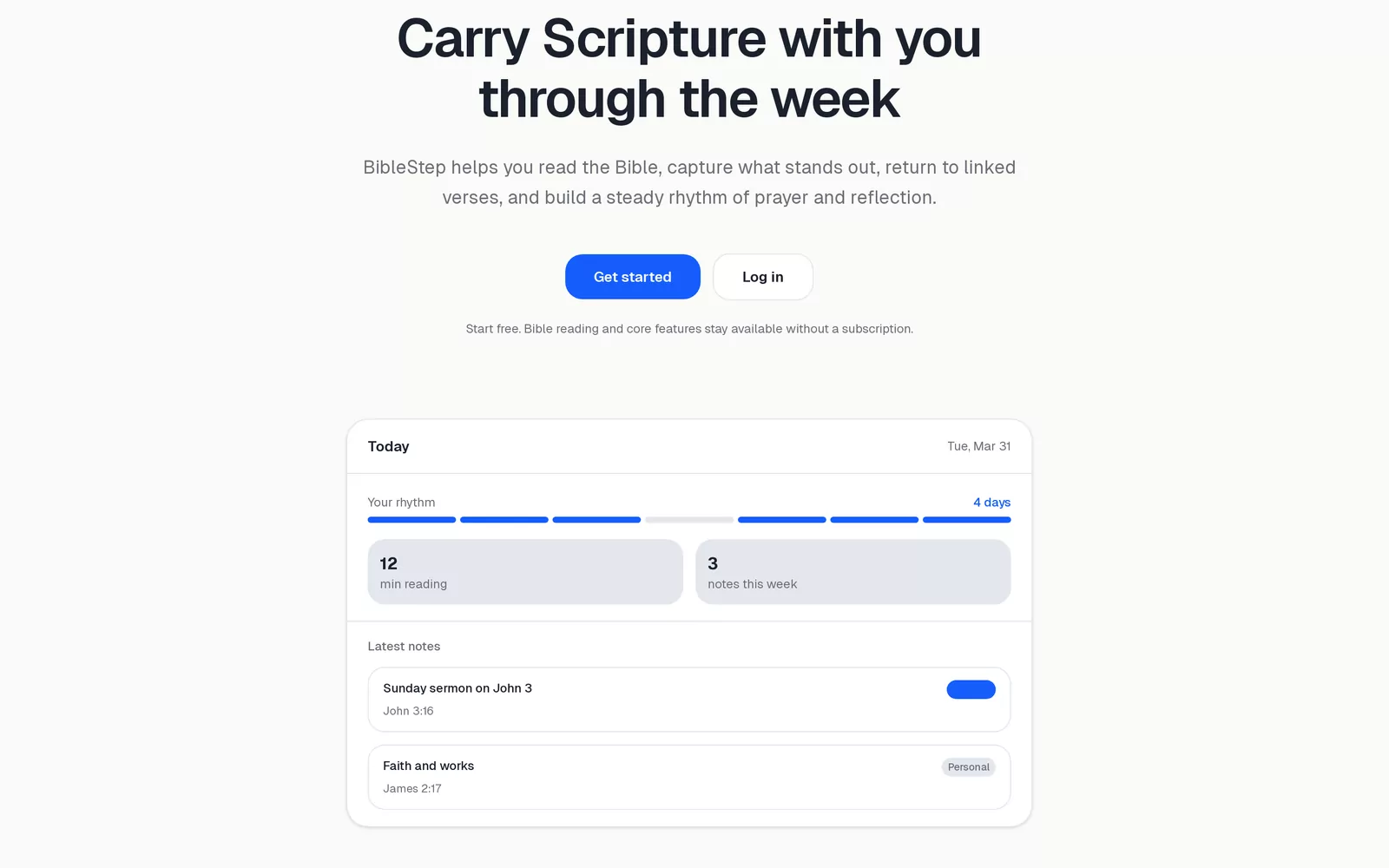 BibleStep homepage showing a weekly reading rhythm dashboard with reading minutes, notes this week and recent linked verses