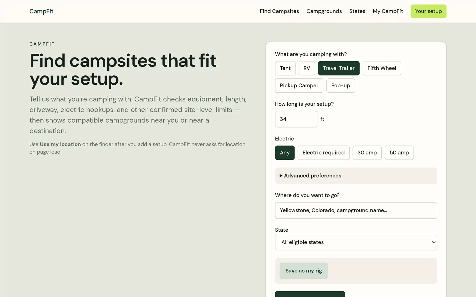 CampFit setup form selecting rig type, length, electric hookup and destination to match campsites