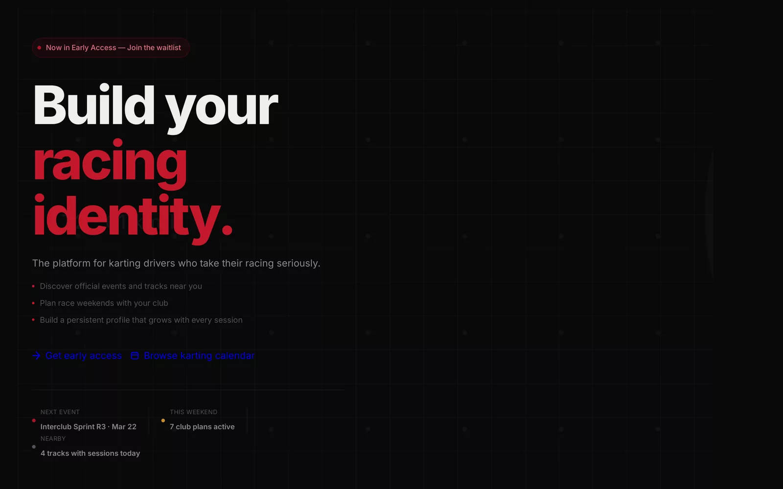 DriverBio homepage: Build your racing identity, with an early access badge, next event, active club plans and nearby tracks