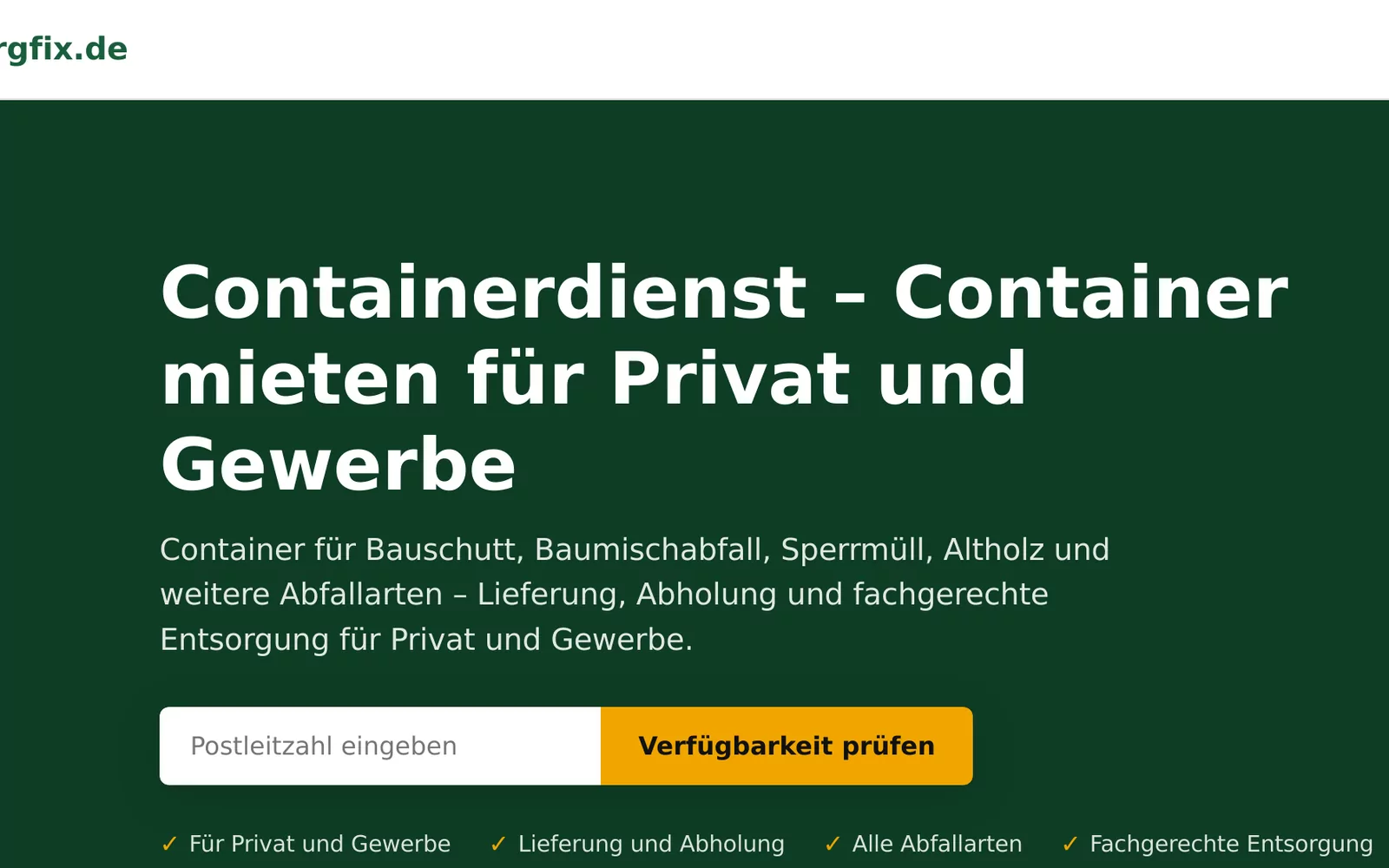 EntsorgFix homepage with the postcode availability check for hiring a waste container in Germany