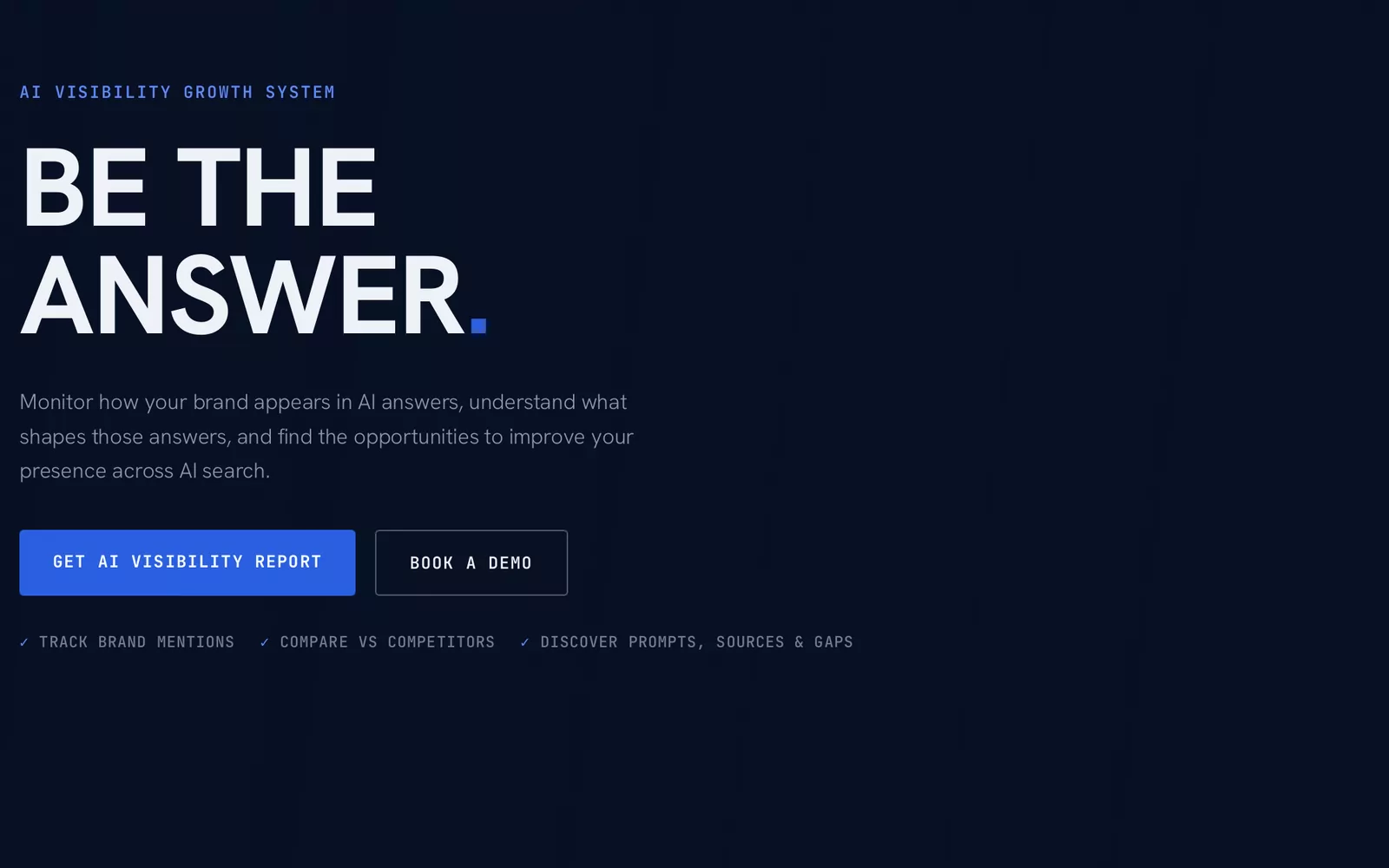 Mavel.ai homepage: an AI visibility growth system for tracking brand mentions, comparing competitors and discovering prompts, sources and gaps