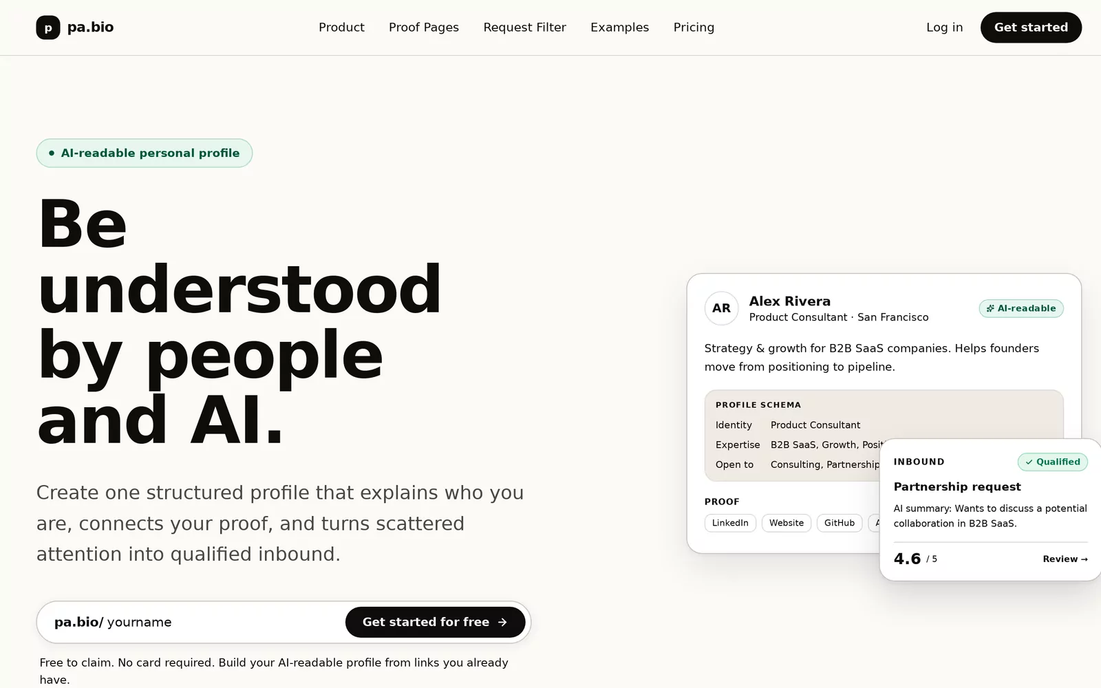 pa.bio homepage showing a structured AI-readable profile with a profile schema, proof links and a qualified inbound partnership request