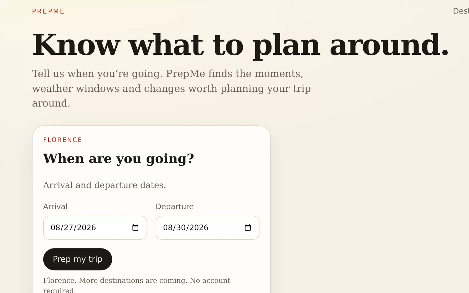 PrepMe homepage asking for arrival and departure dates to prepare a trip to Florence