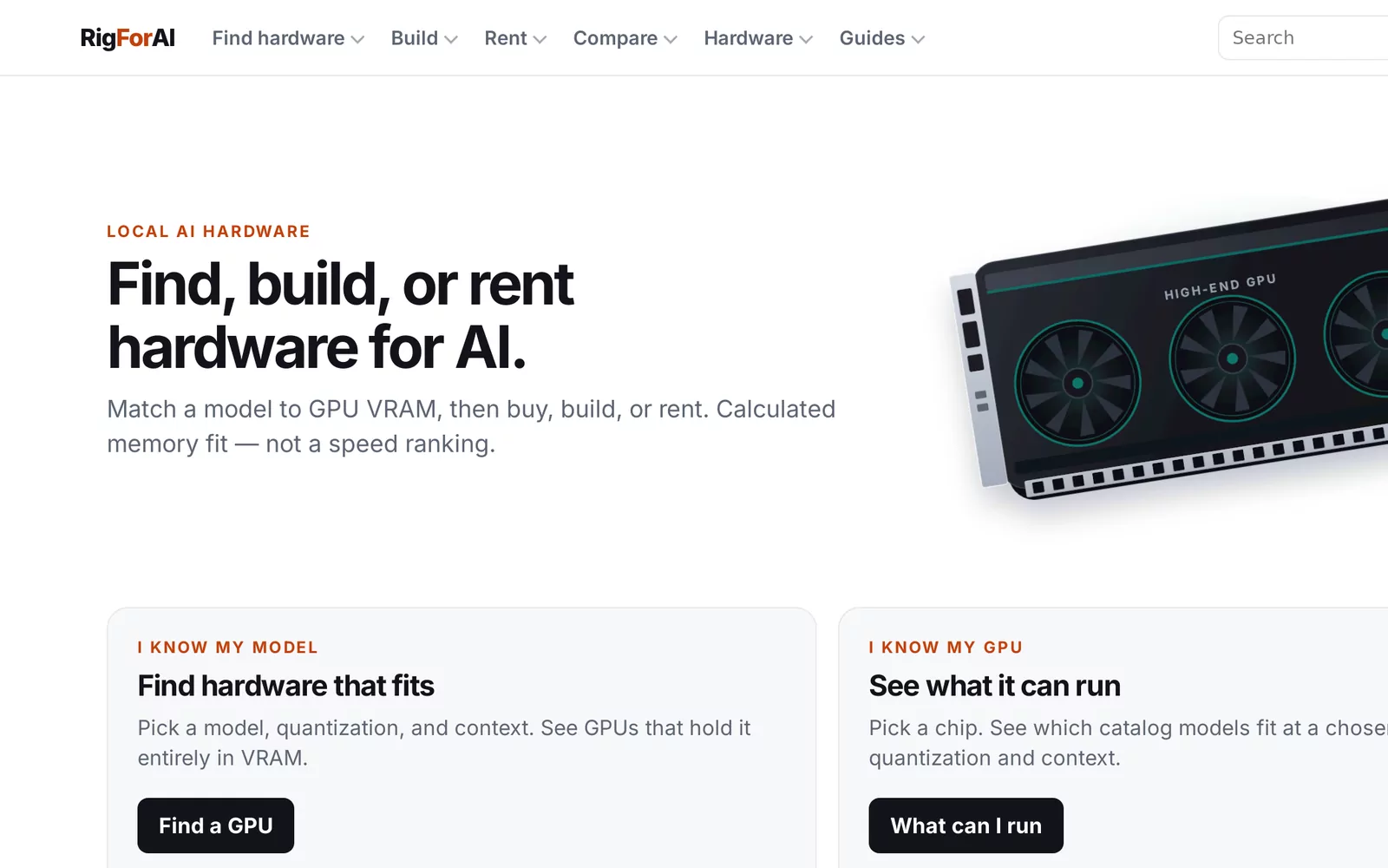 RigForAI homepage showing the model-to-GPU and GPU-to-model entry points for AI hardware selection