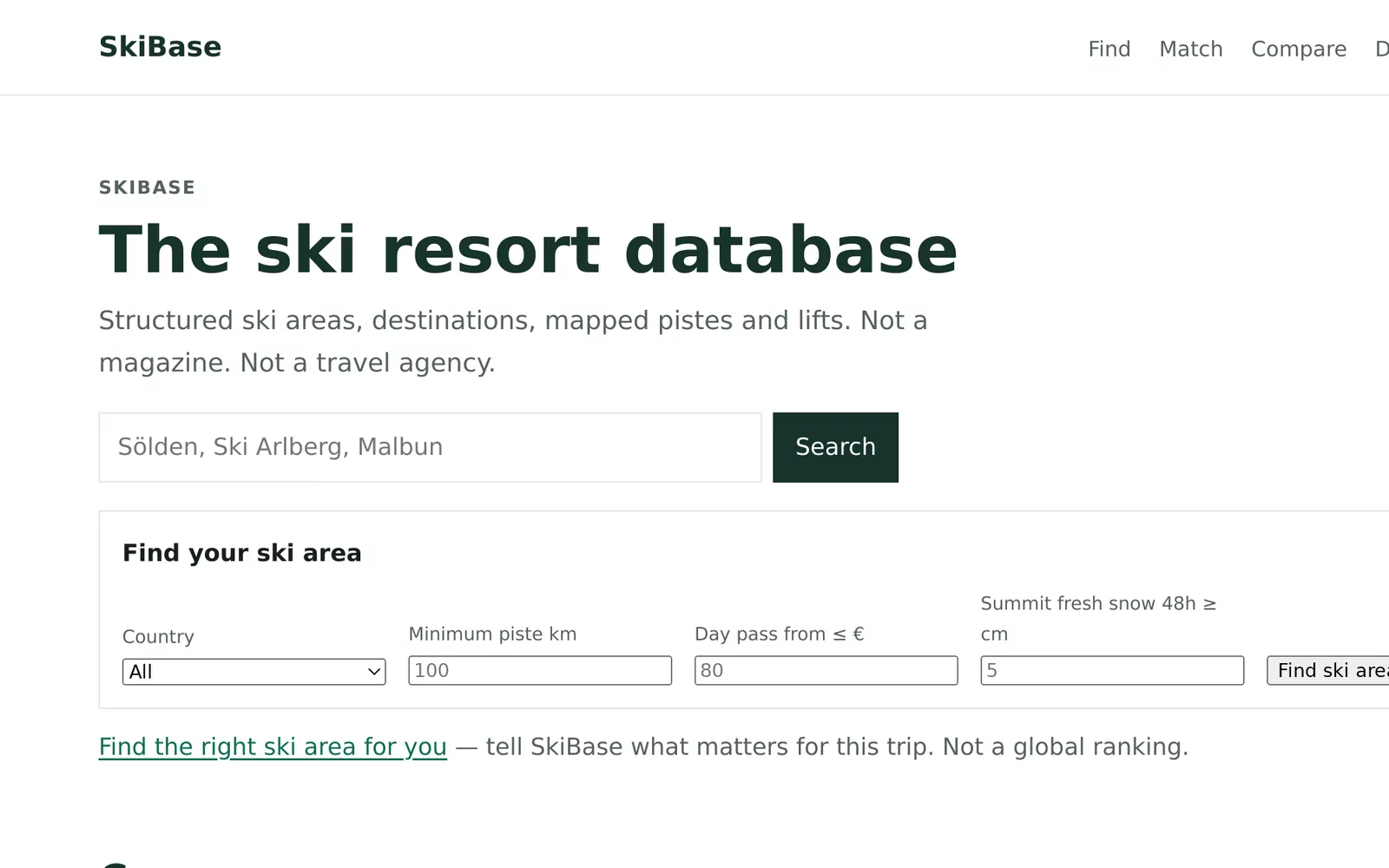SkiBase homepage with the ski area finder and published coverage figures