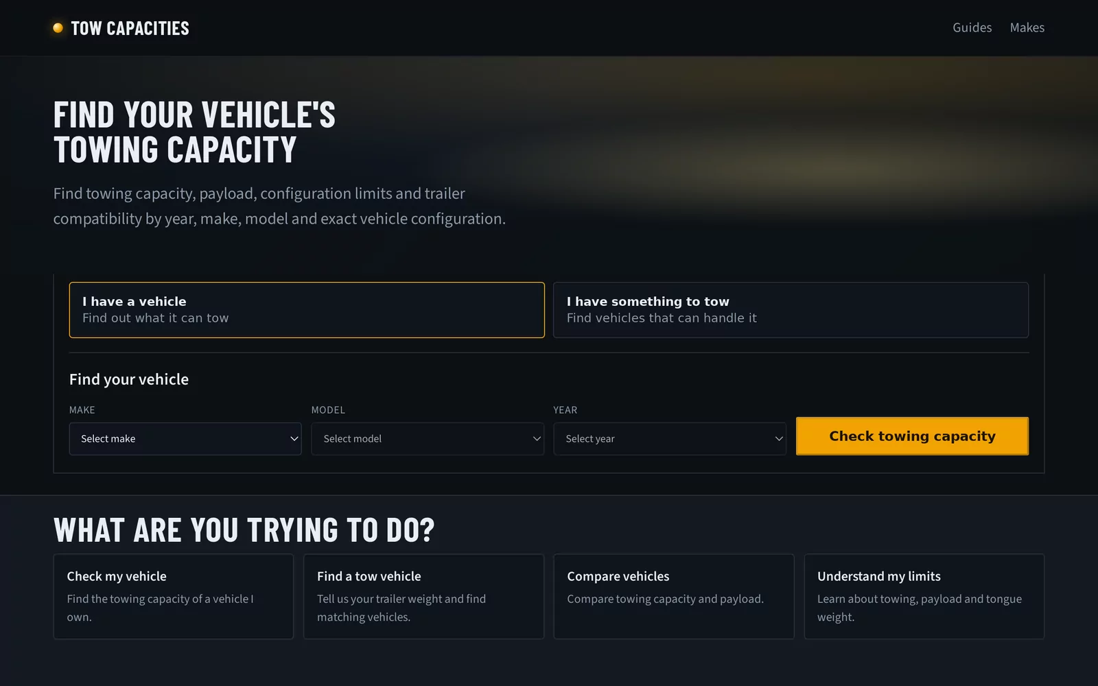 Tow Capacities vehicle lookup with make, model and year selectors for checking towing capacity